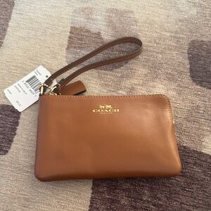 Coach Tan Leather Wristlet with Gold Accents